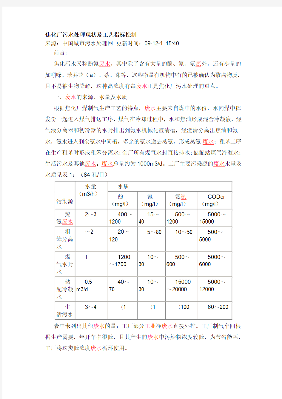 焦化厂污水处理现状及工艺指标控制