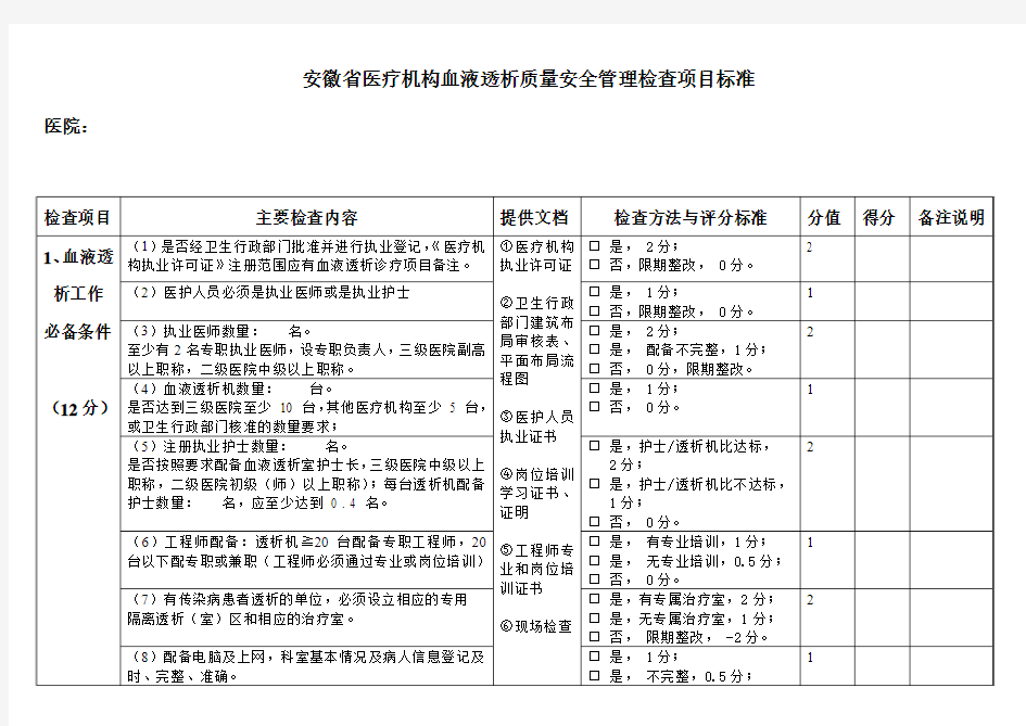 安徽省血液透析质量安全管理检查项目标准