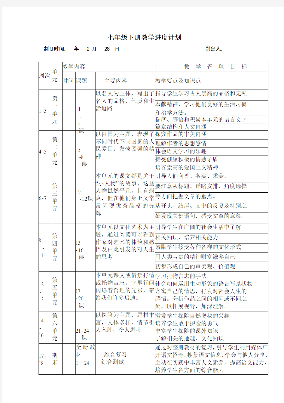 七年级下学期教学进度表