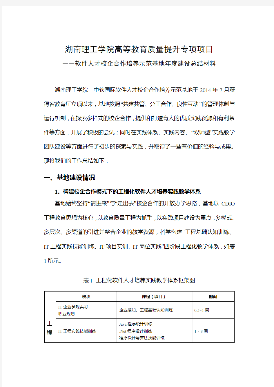 软件人才校企合作培养示范基地年度建设总结材料