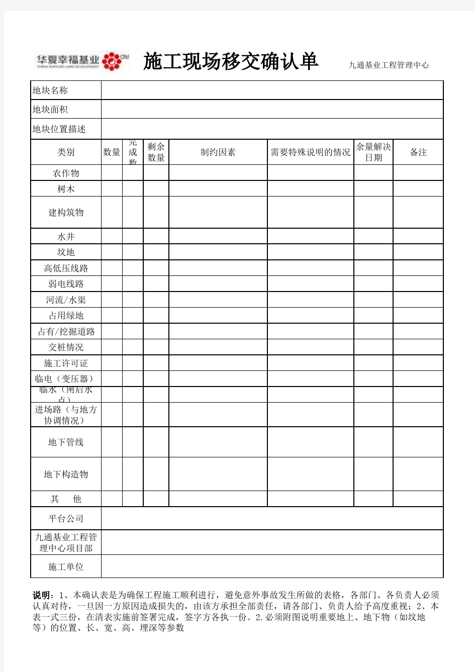 施工现场移交确认表