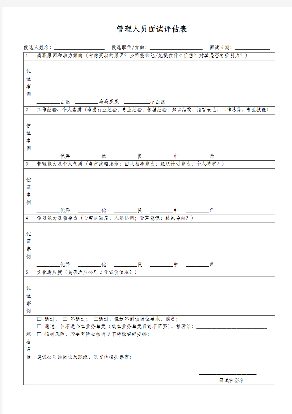 高管人员面试评估表