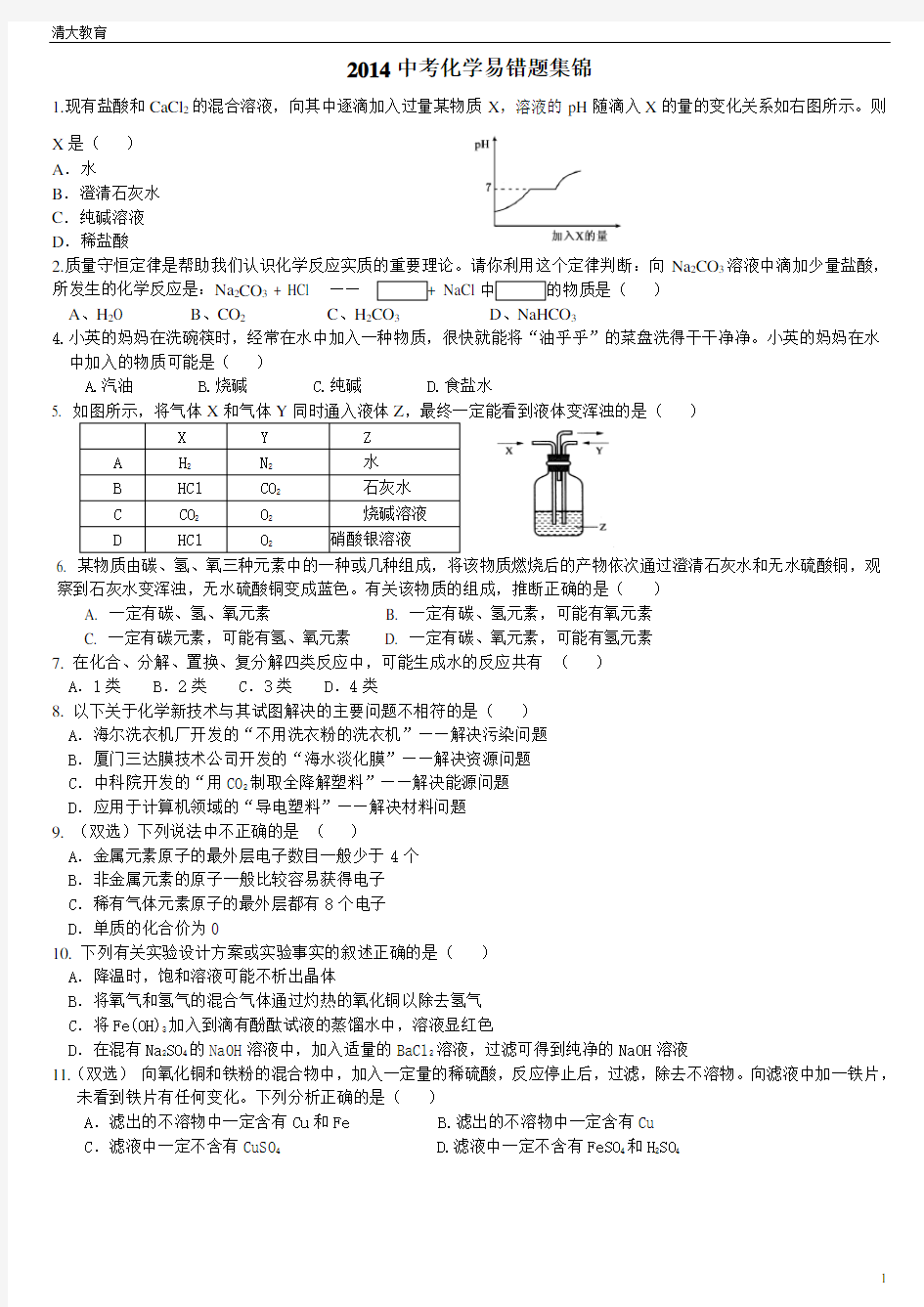 2016中考化学易错题集锦