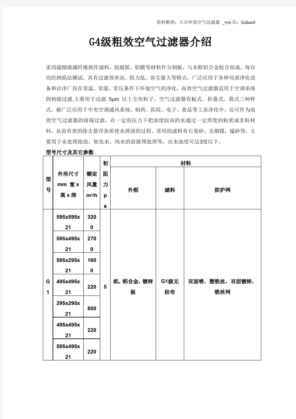 G4级粗效空气过滤器知识介绍