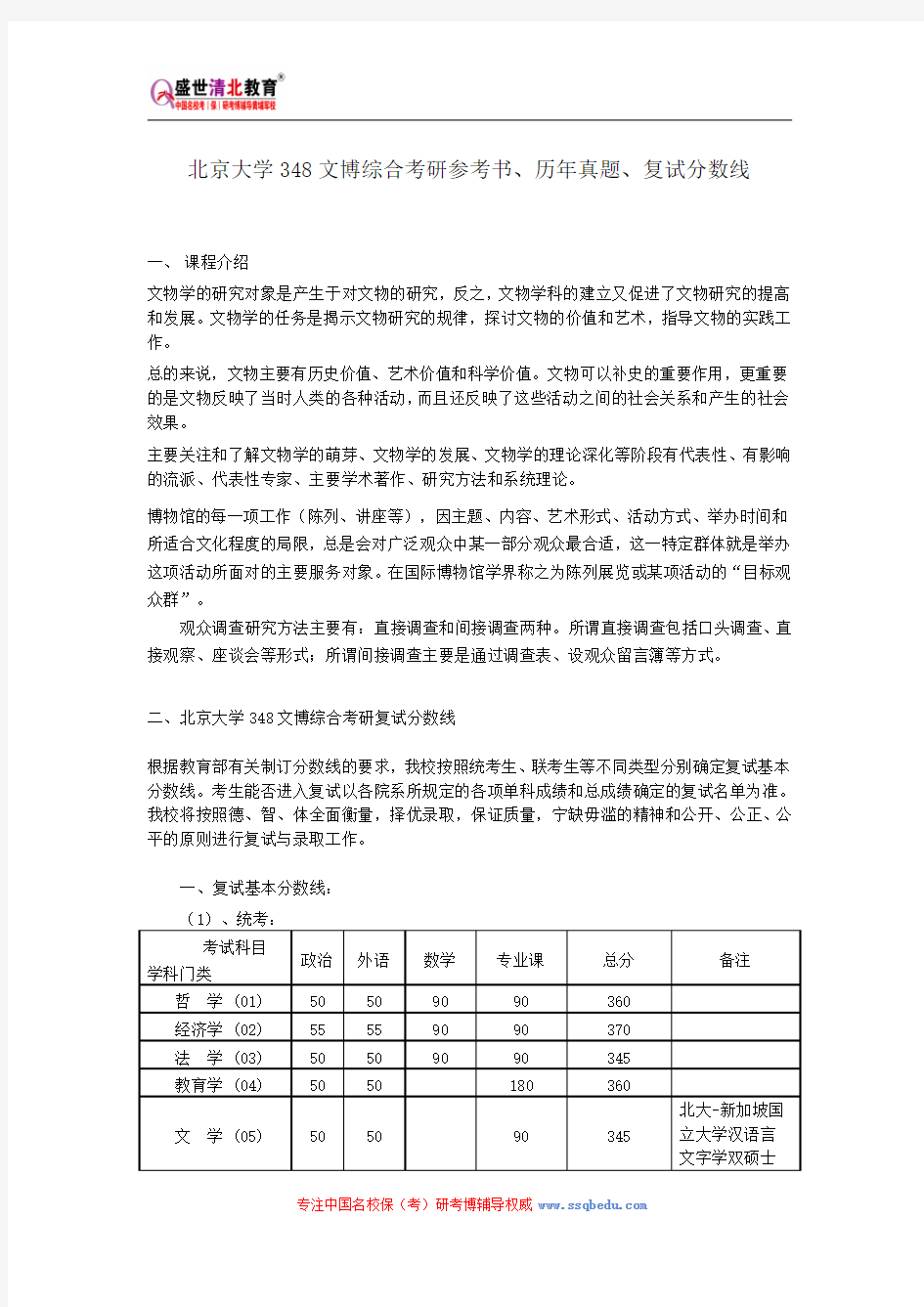 北京大学348文博综合考研参考书、历年真题、复试分数线