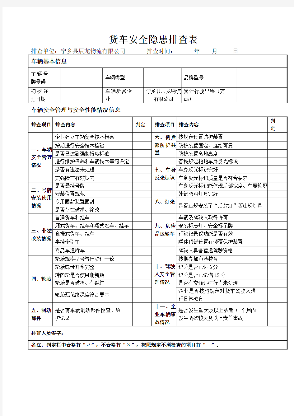 货车安全隐患排查表