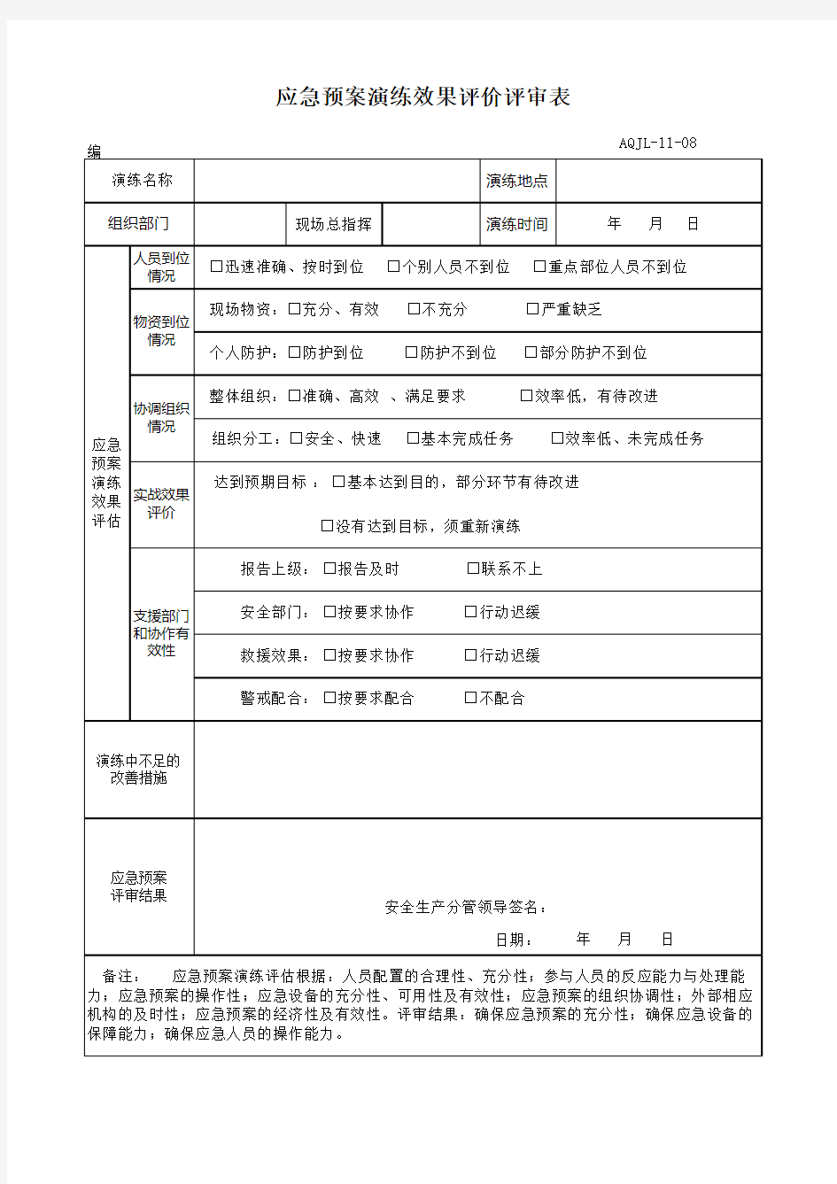 应急预案演练效果评价评审表