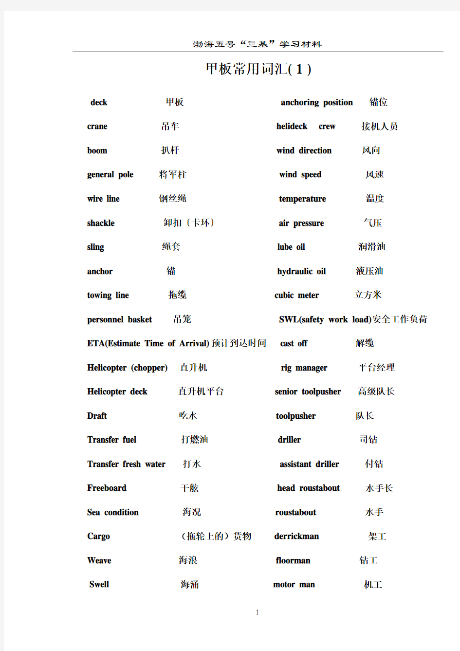 钻井常用词汇