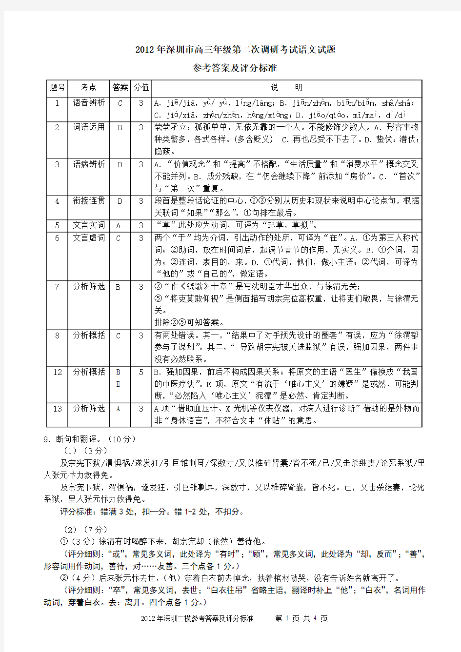 A.2012年深圳市高三年级第二次调研考试语文参考答案与评分标准