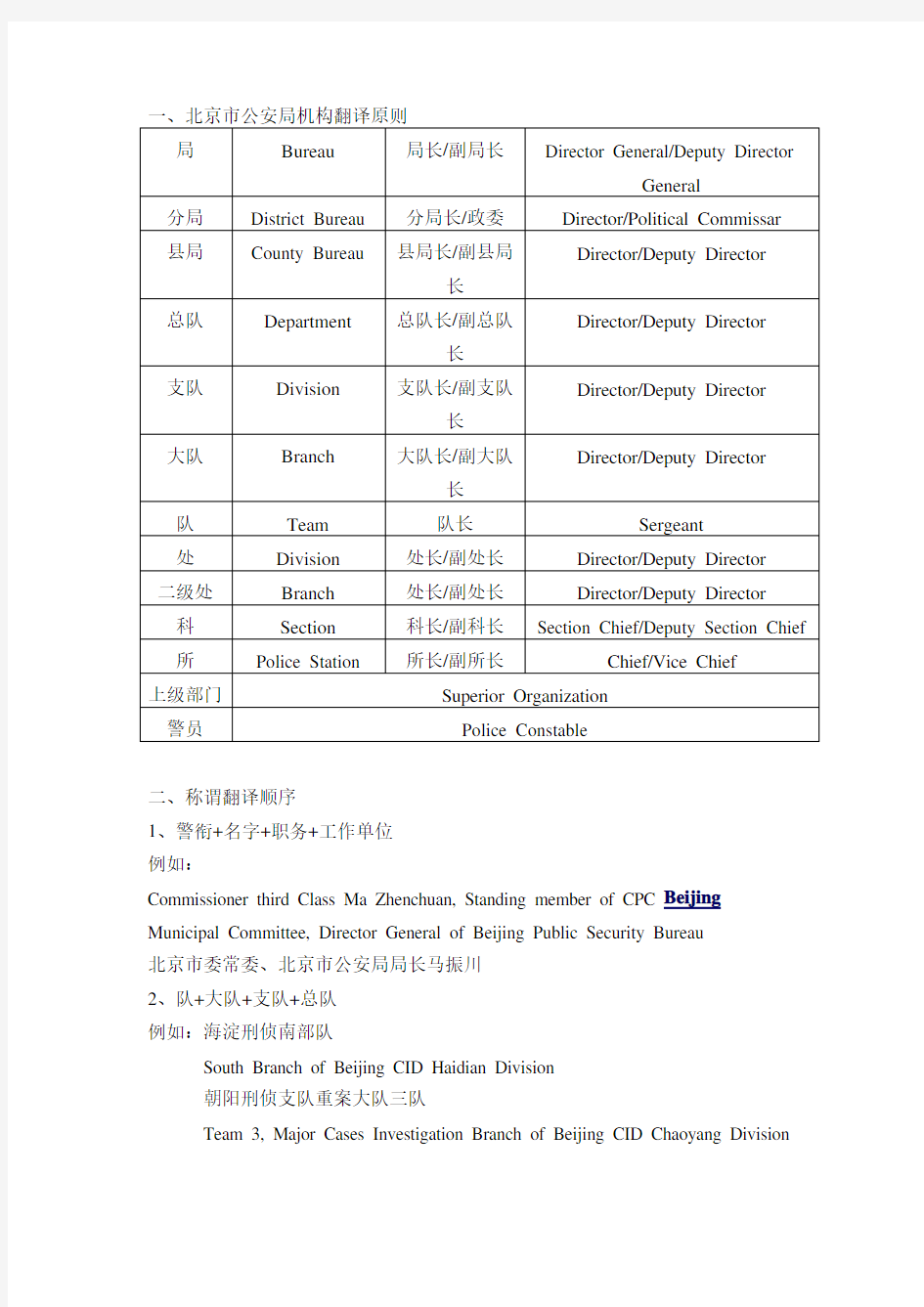 警务部门名称标准中英文对照