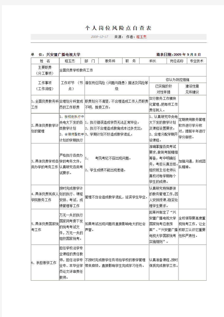 学校个人岗位风险点自查表