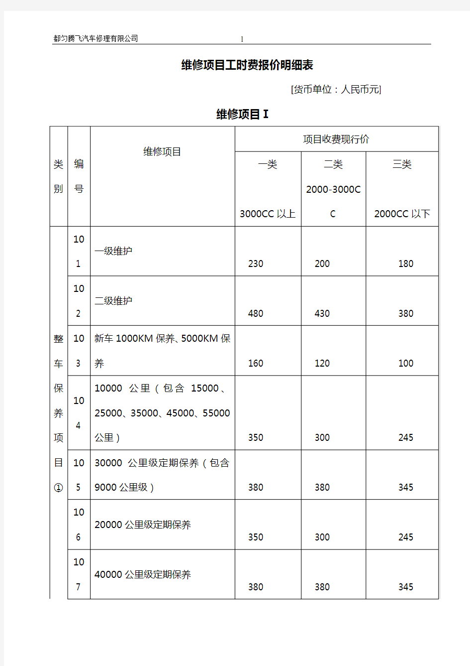 都匀腾飞汽车修理有限公司维修项目工时费报价明细表