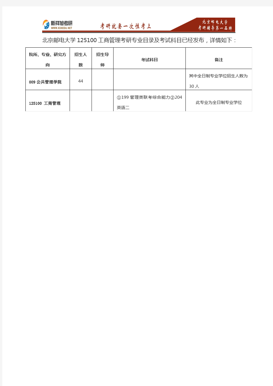 2017年北京邮电大学工商管理考研招生专业目录考试科目参考书目复试分数线—新祥旭考研辅导