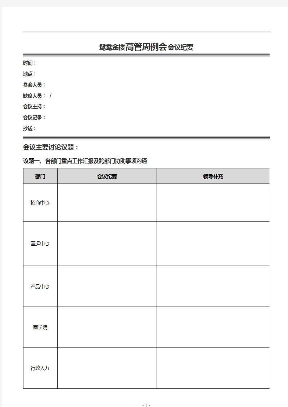 上市公司高管层周例会会议纪要模板