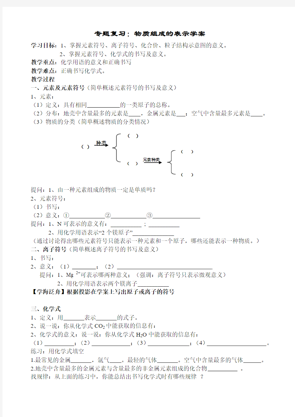 《物质组成的表示专题复习》教案和学案