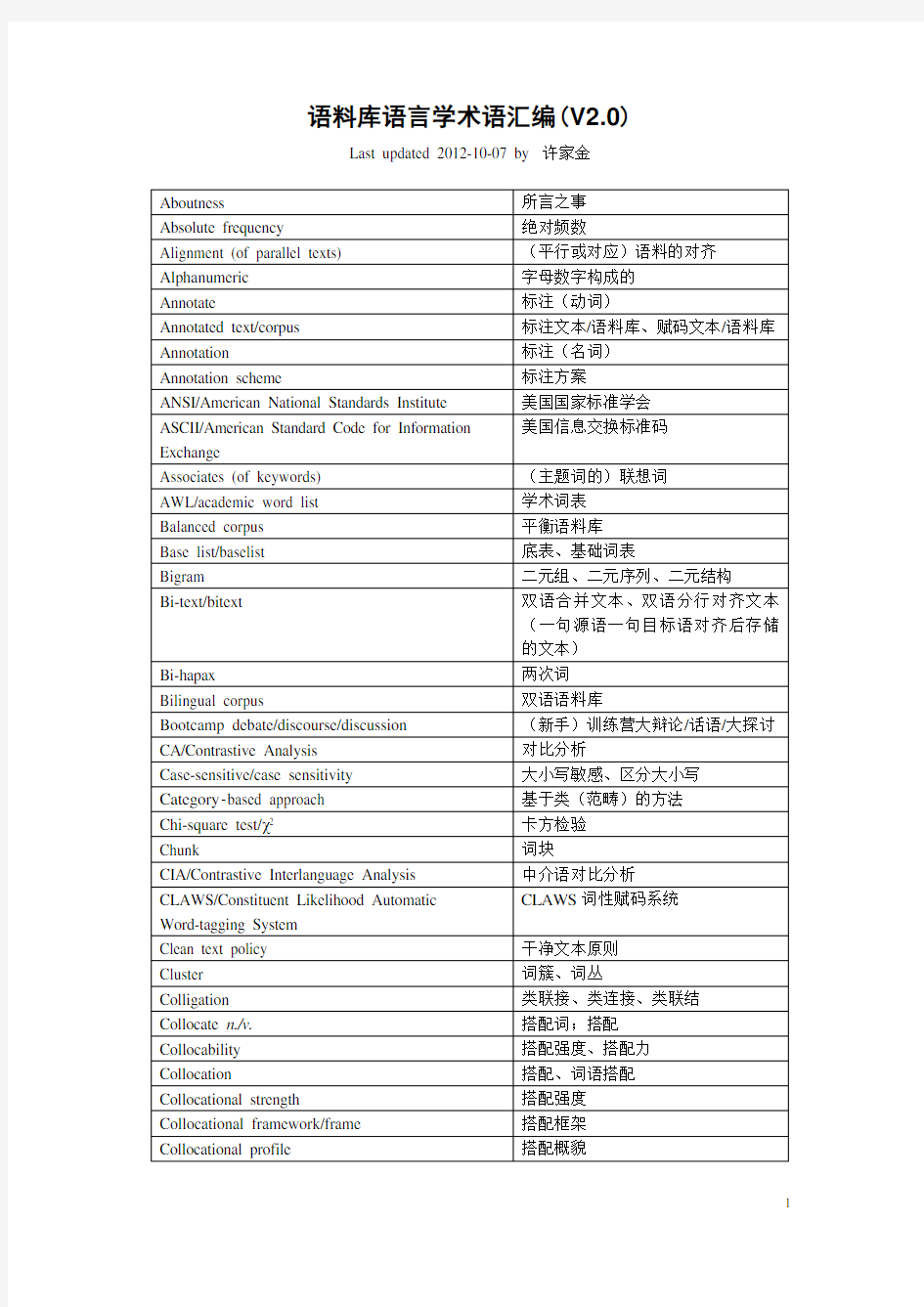 语料库语言学术语汇编A glossary of corpus linguistics2.0