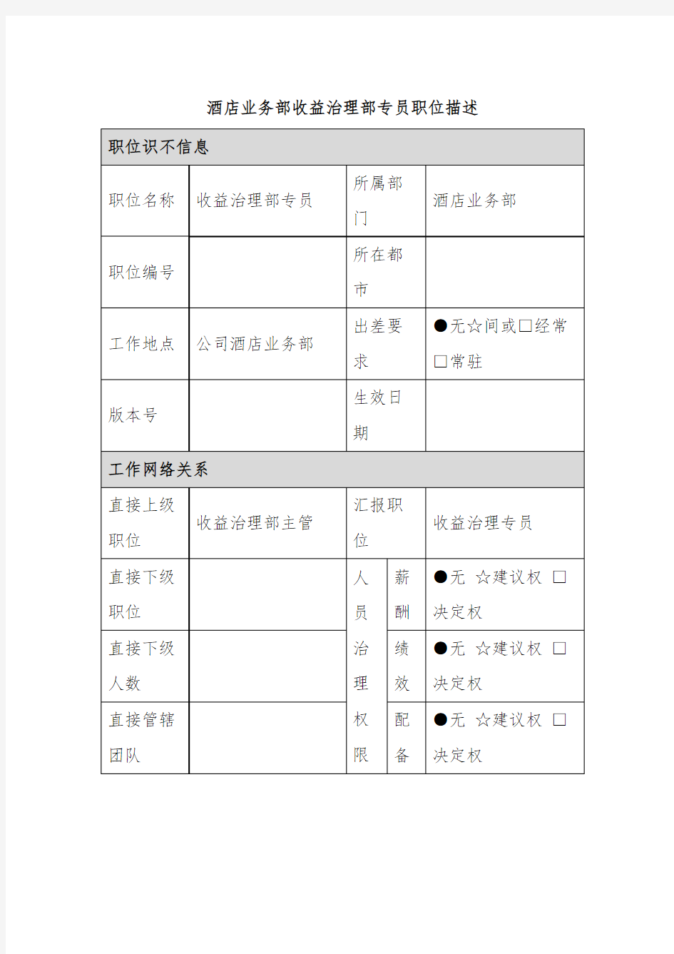 酒店收益管理部专员岗位职务说明