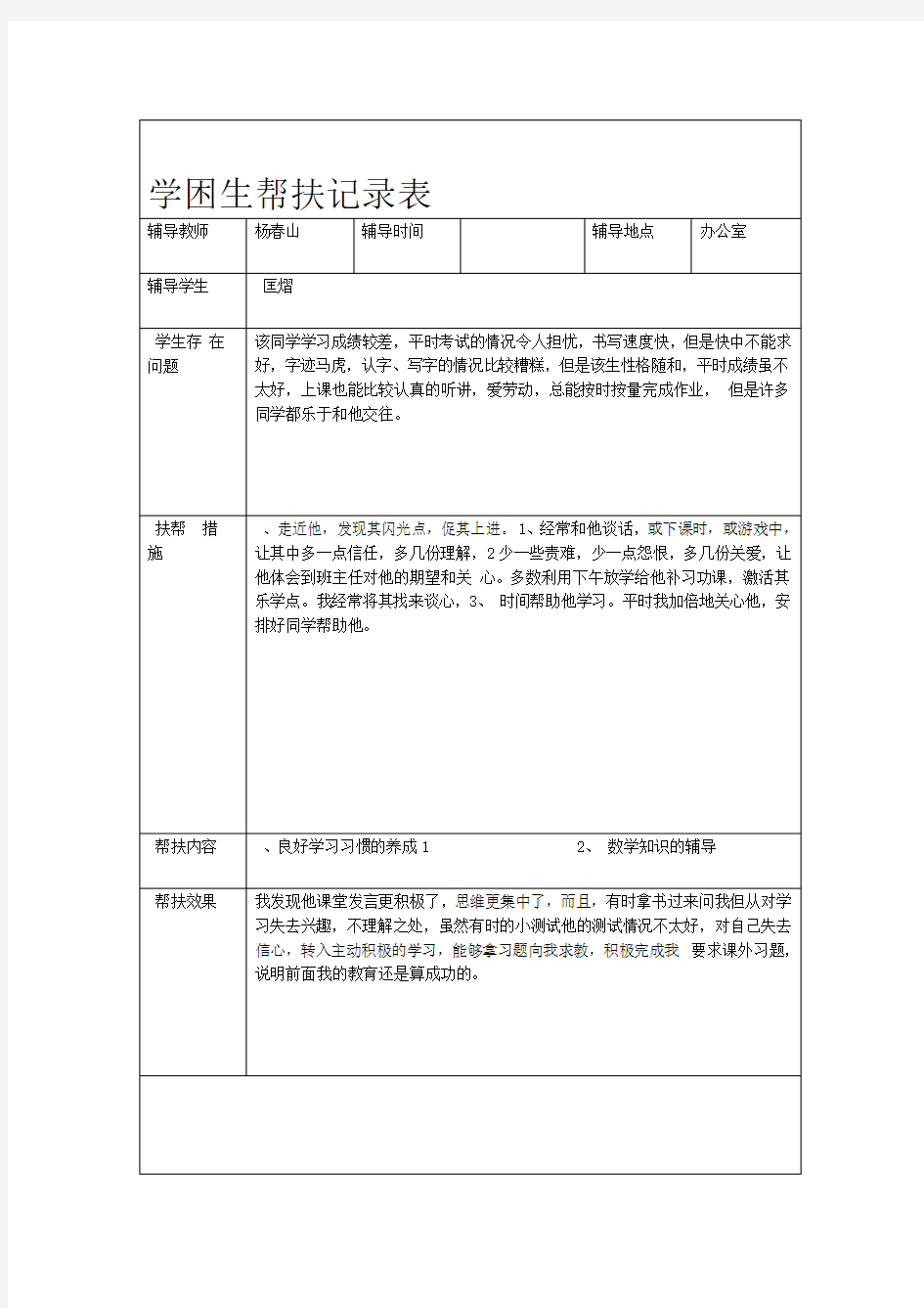 一学困生帮扶记录表