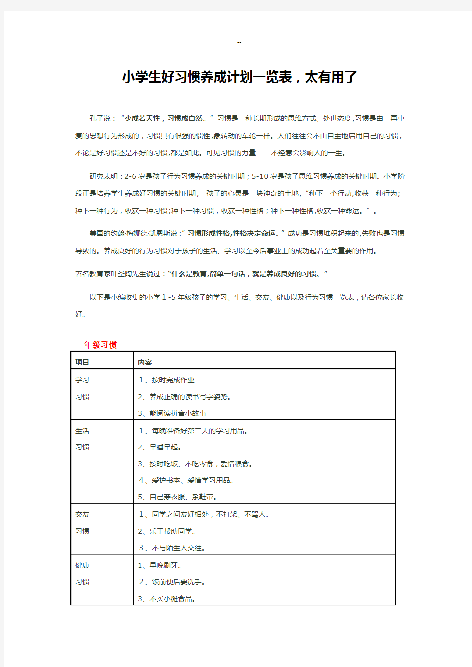 小学生好习惯养成计划一览表