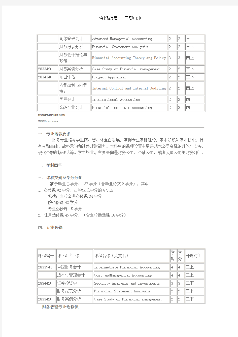 会计学专业教学计划(本科生)