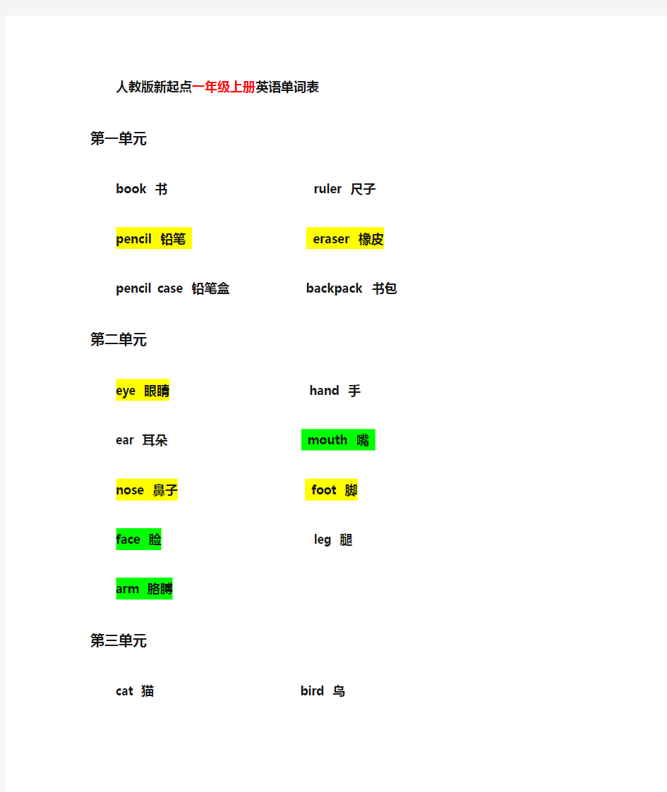 人教版新起点小学英语单词1至4年级汇总