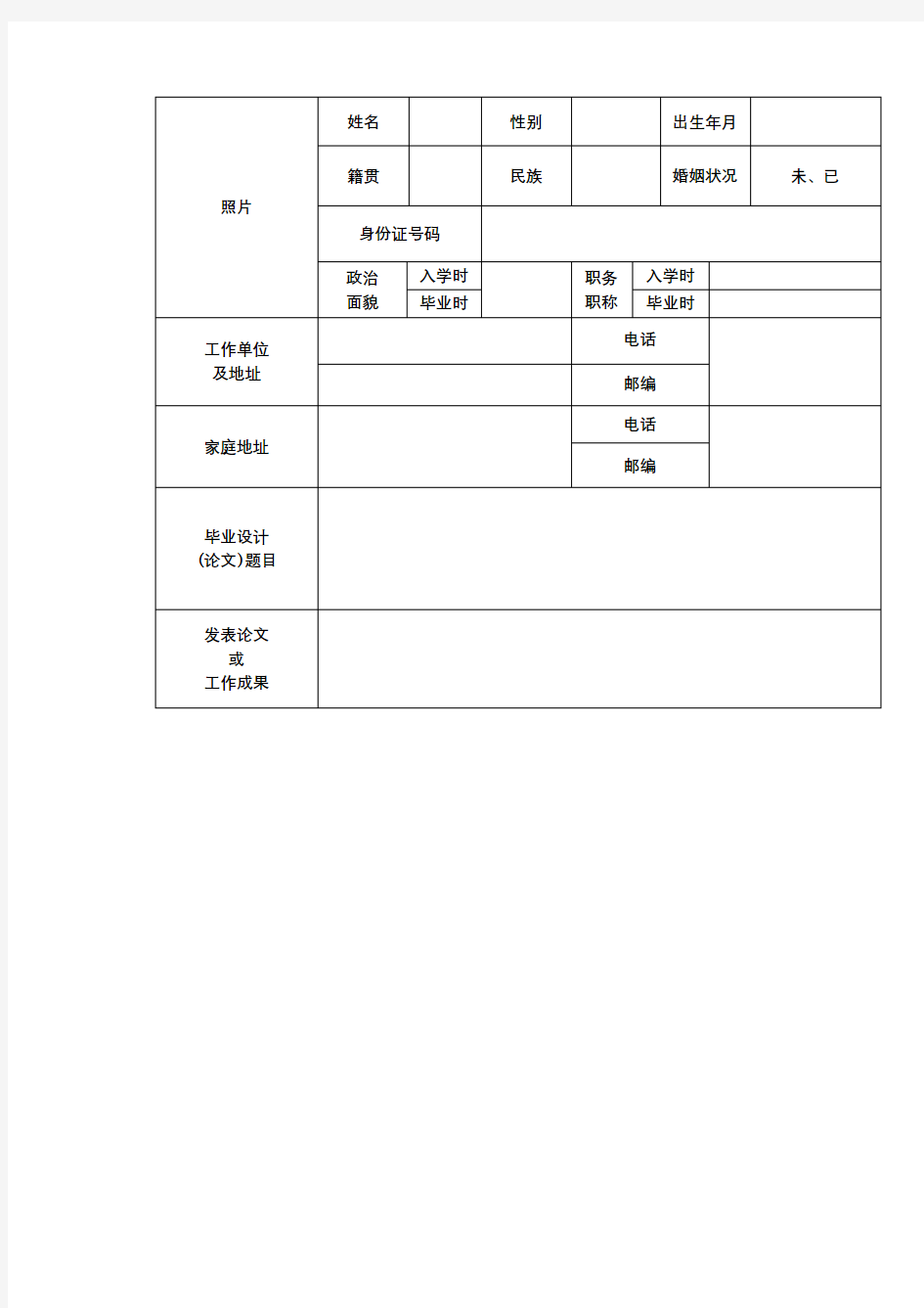 大学毕业生登记表【模板】