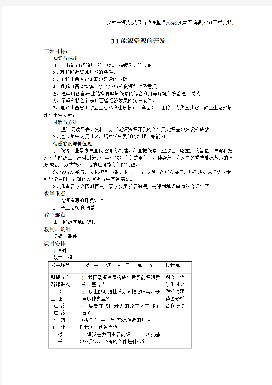 人教版高中地理必修三3.1能源资源的开发