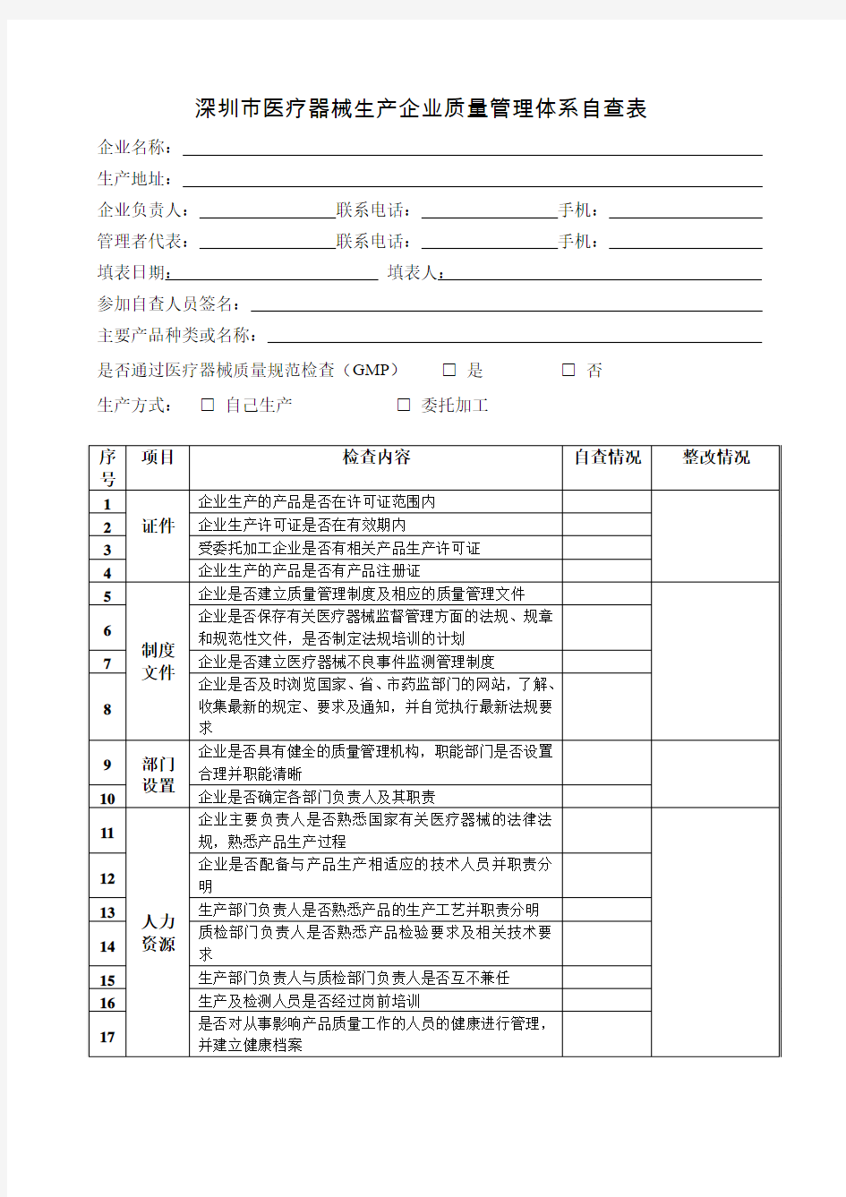 深圳市医疗器械生产企业质量管理体系自查表