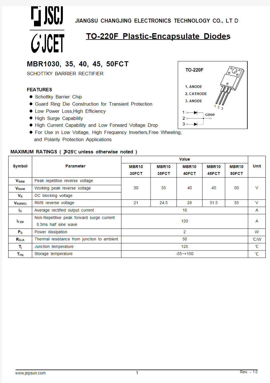 长电肖特基二极管MBR1030FCT规格书