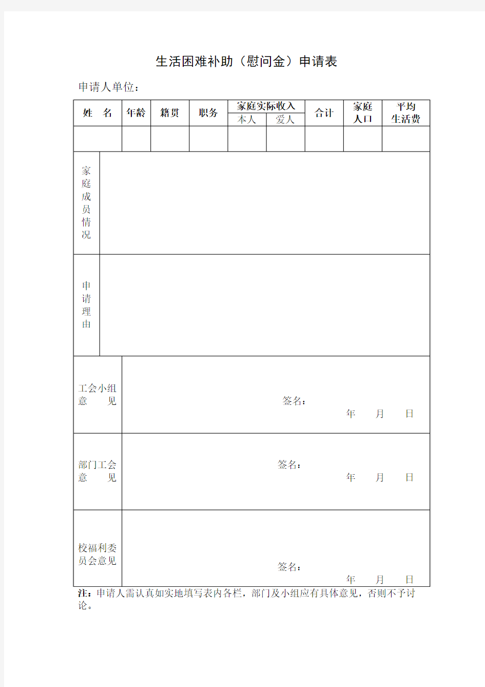 生活困难补助慰问金申请表