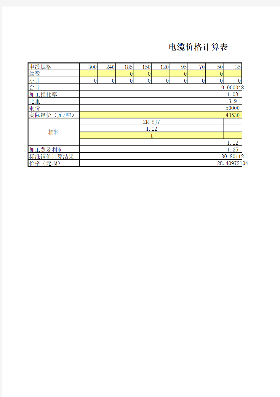 电缆价格计算表