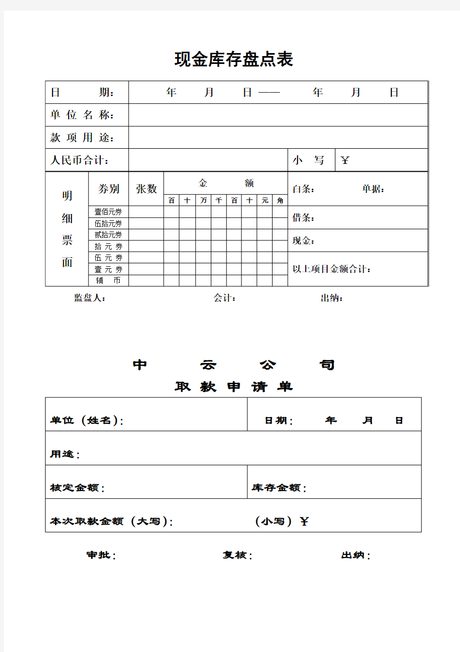 现金库存盘点表