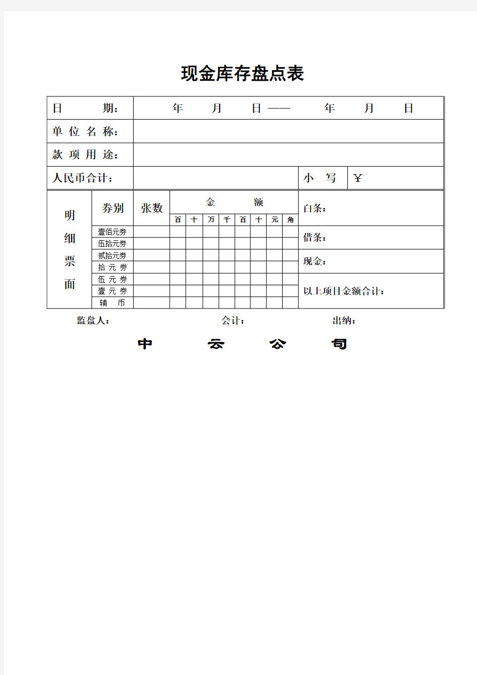 现金库存盘点表