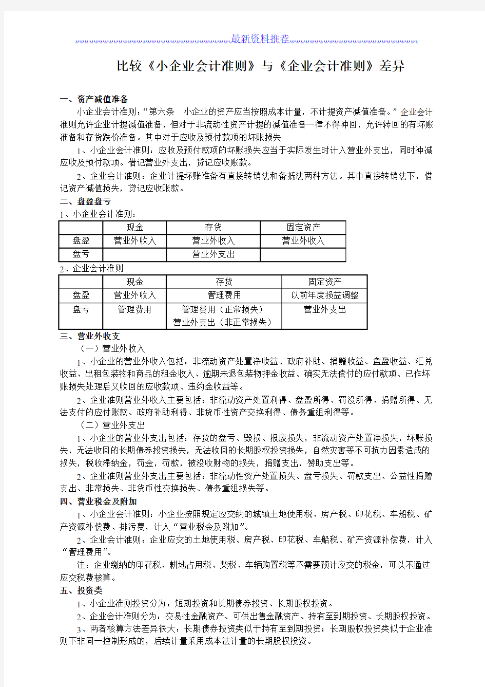 比较小企业会计准则与企业会计准则差异