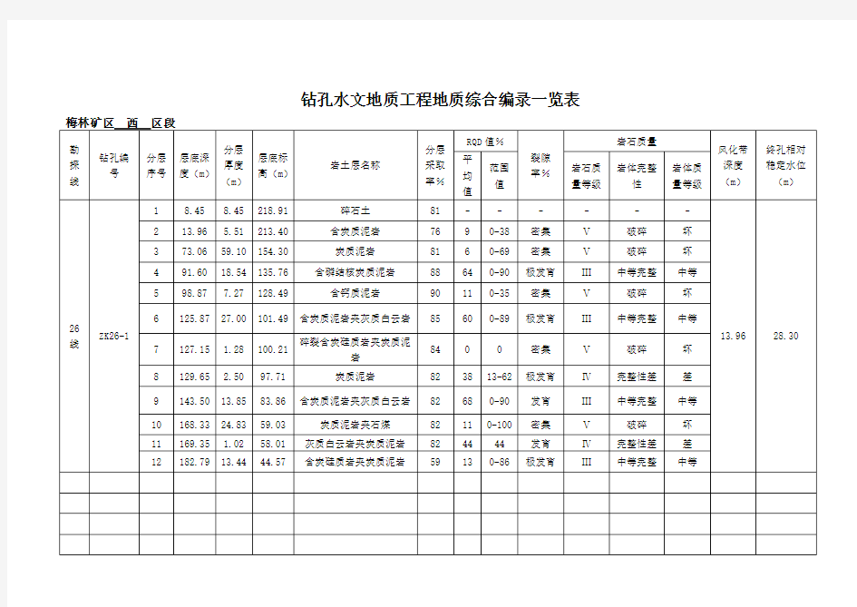 钻孔水文地质工程地质综合编录一览表模板