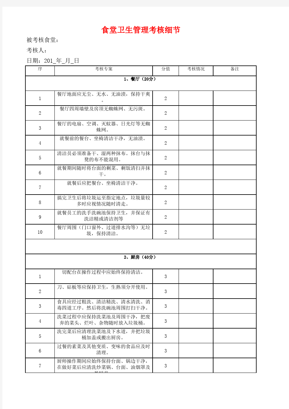 食堂卫生考核细节表_.