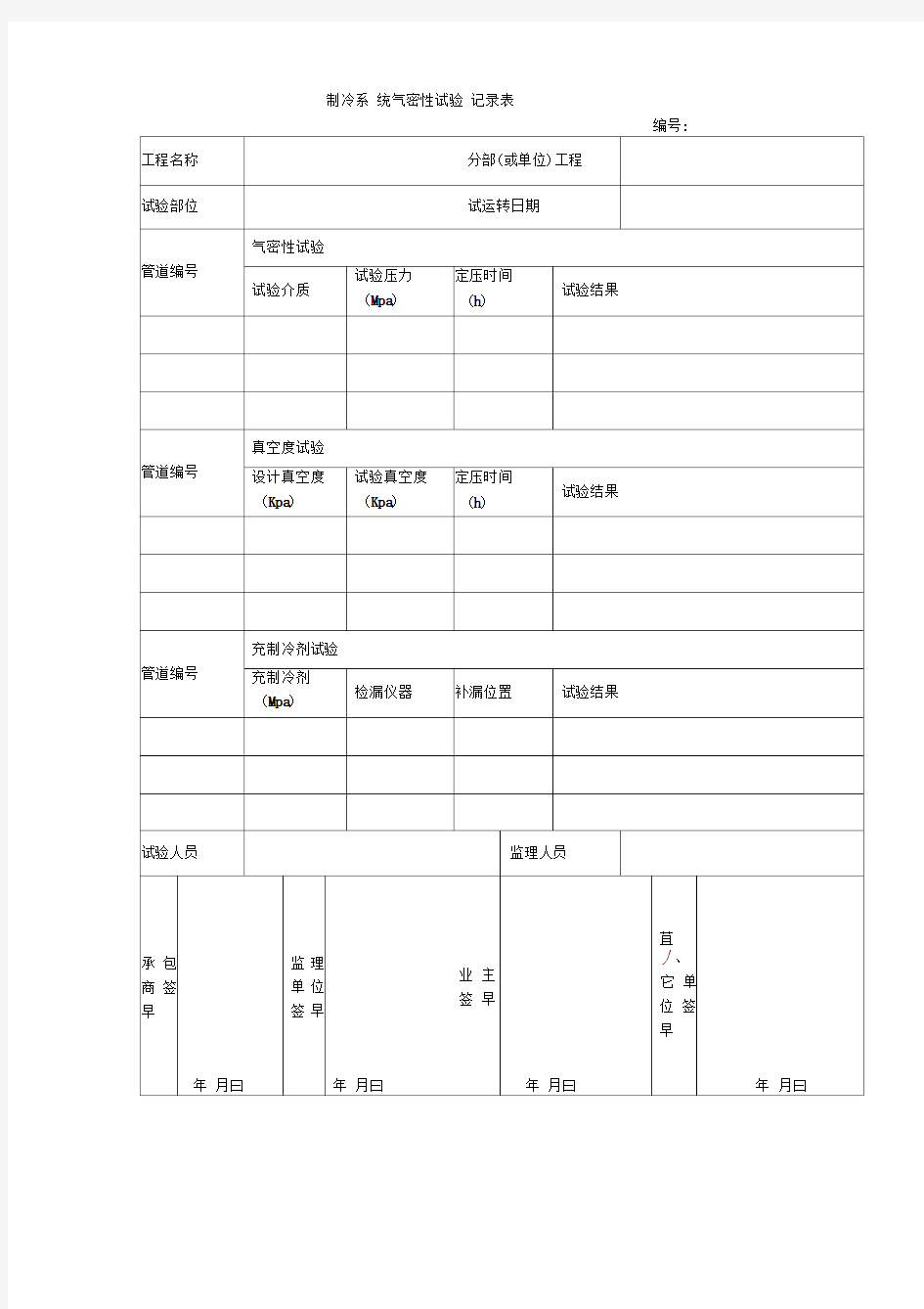 制冷系统气密性试验记录表