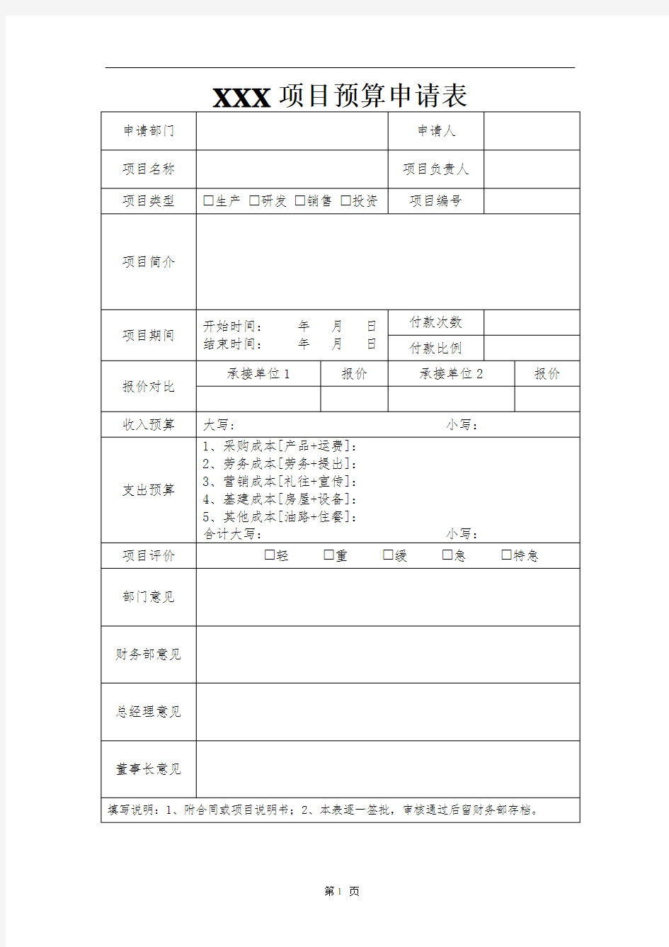 项目预算申请表格