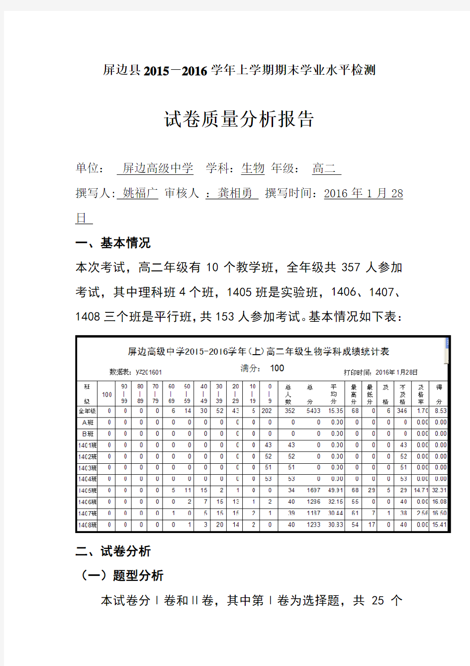 2016春节期末检测质量分析报告