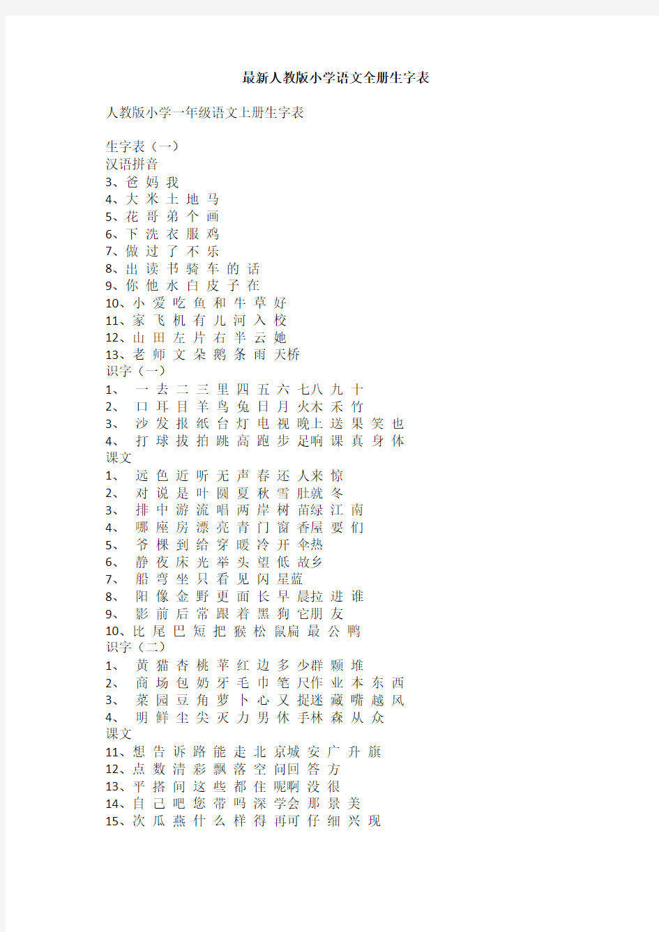 人教版小学语文全册生字表