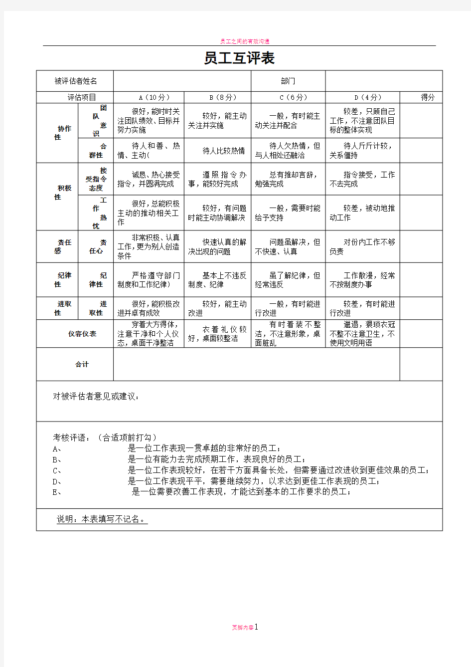 员工互评表