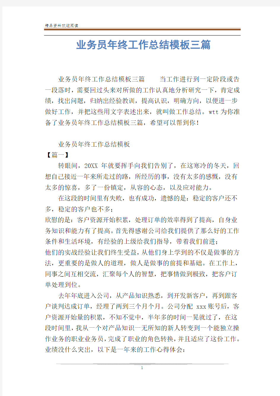 业务员年终工作总结模板三篇