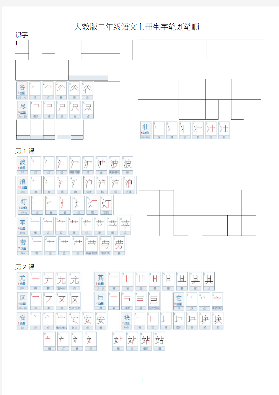 (完整版)人教版二年级语文上册生字笔划笔顺