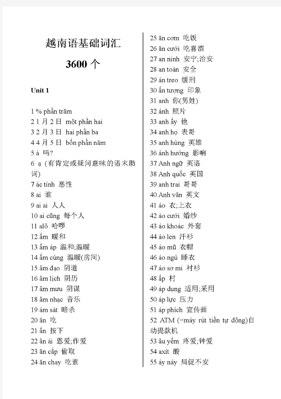 越南语基础词汇3600个