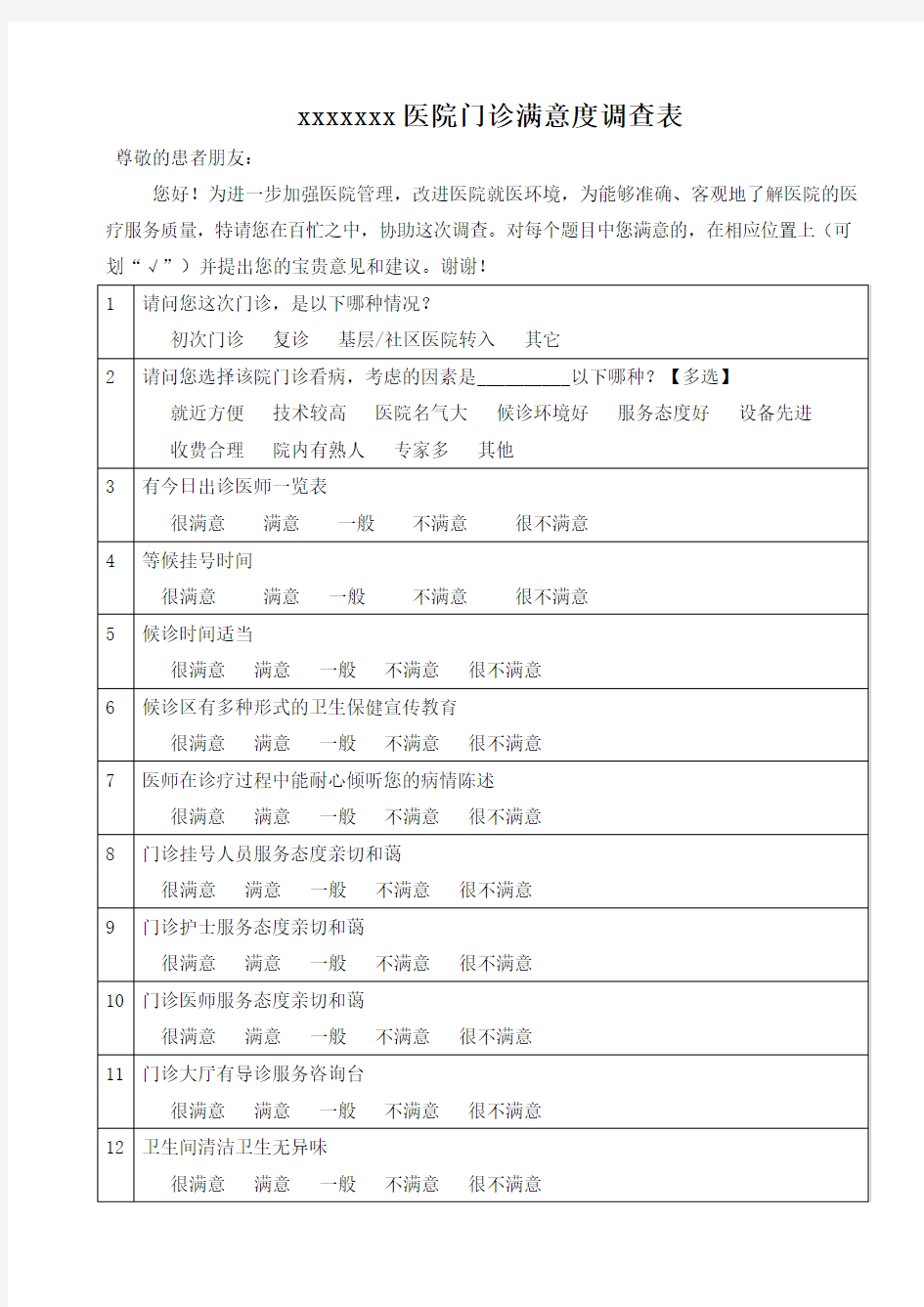 xxxxxxx医院门诊满意度调查表