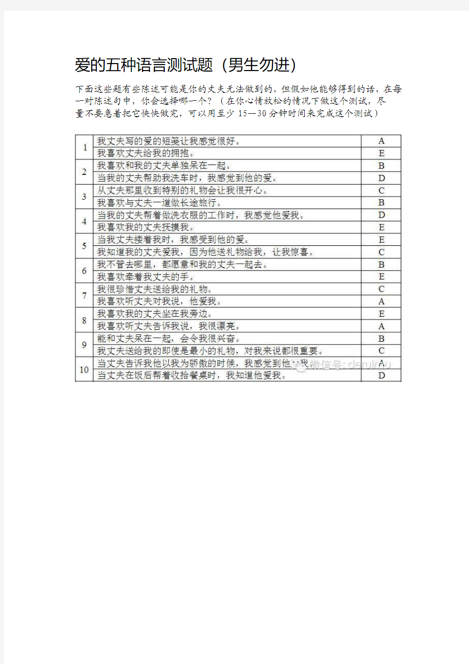 爱的五种语言测试题