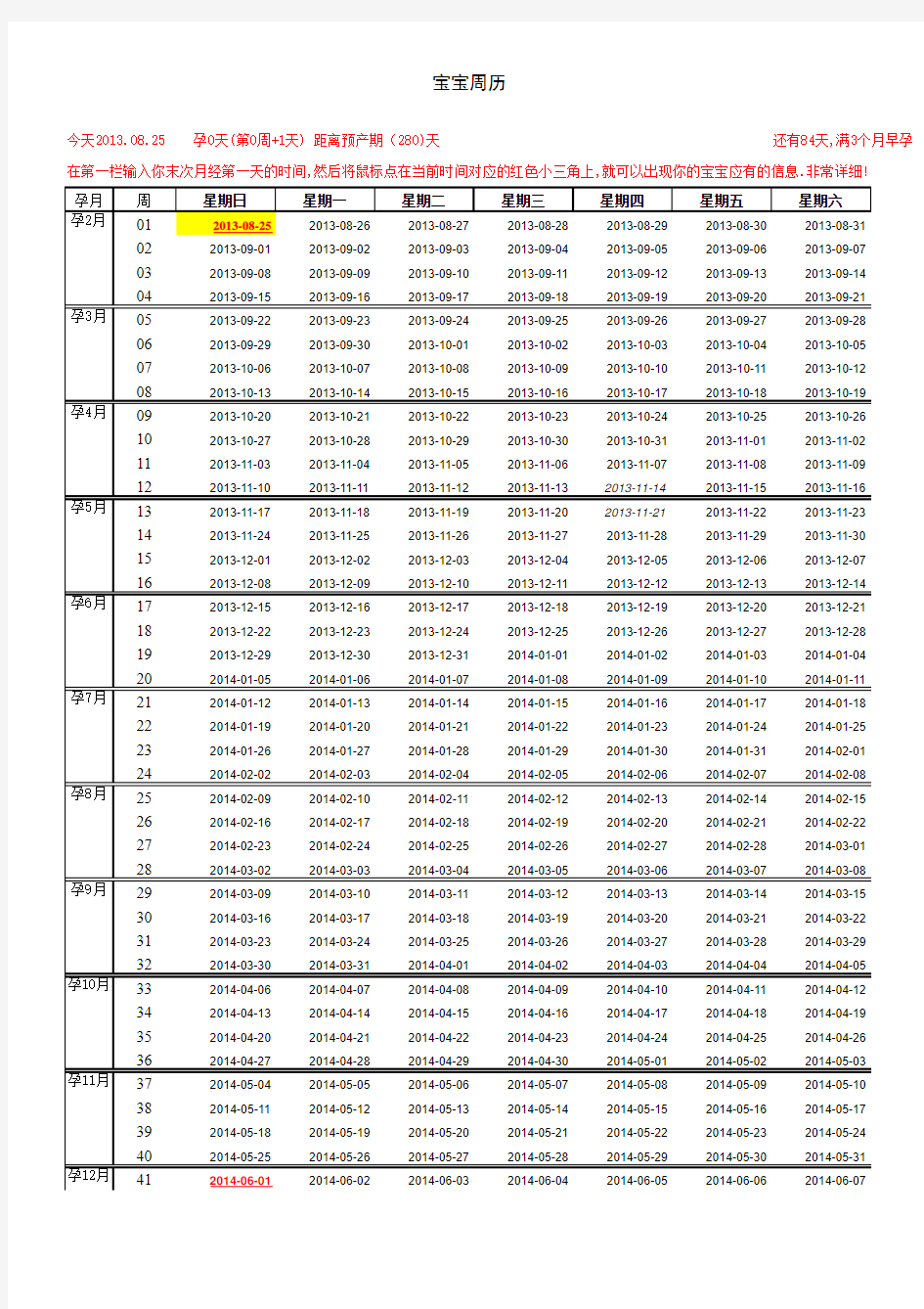 2013最新版孕期万能表预产期推算表