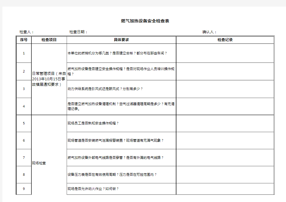 燃气燃烧机点检表