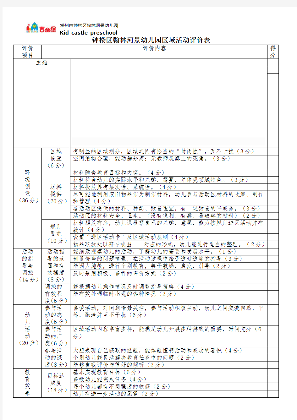 区域活动评价表