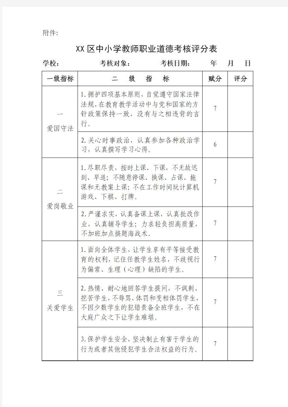 中小学教师职业道德考核评分表